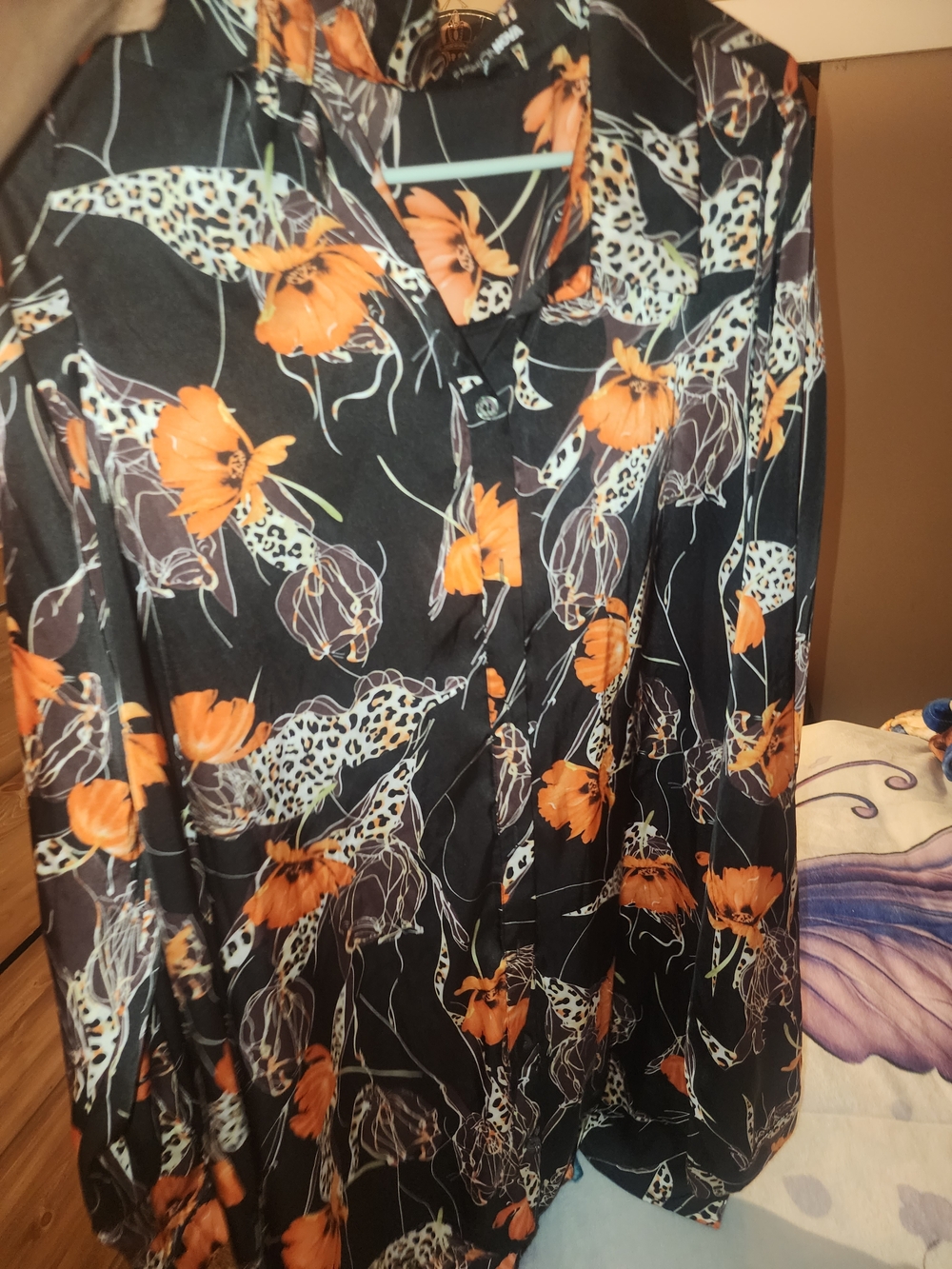 Women's Black Floral Button-Front Blouse with Orange Flowers